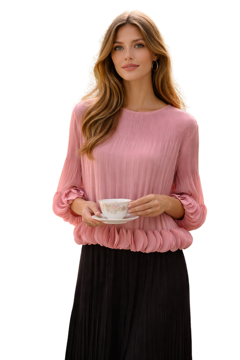 Elegant Pleated Pink Blouse, Ruffle Hem Feminine Chic Top
