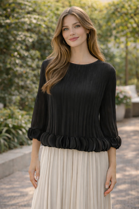Elegant Pleated Pink Blouse, Ruffle Hem Feminine Chic Top