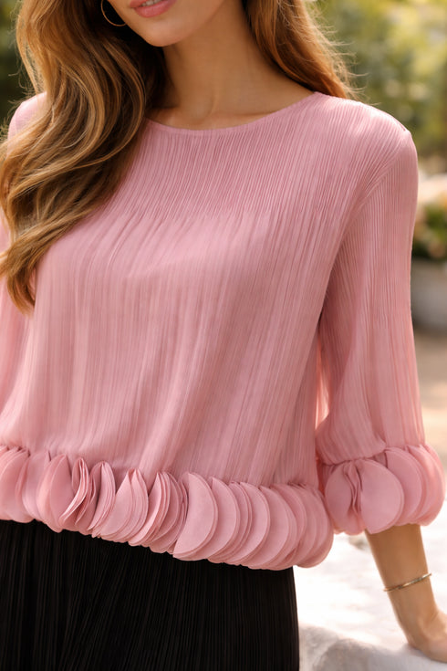Elegant Pleated Pink Blouse, Ruffle Hem Feminine Chic Top