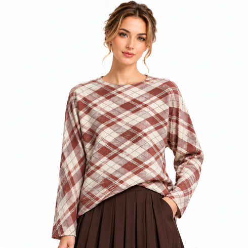 Printed Plaid Textured Long Sleeve Top