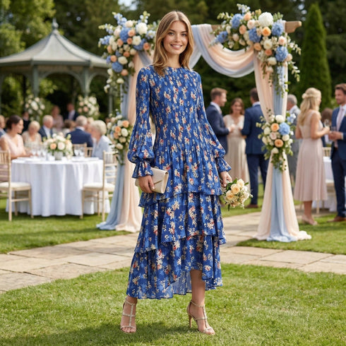 Blue Floral Tiered Midi Dress | Elegant Long Sleeve Spring Dress
