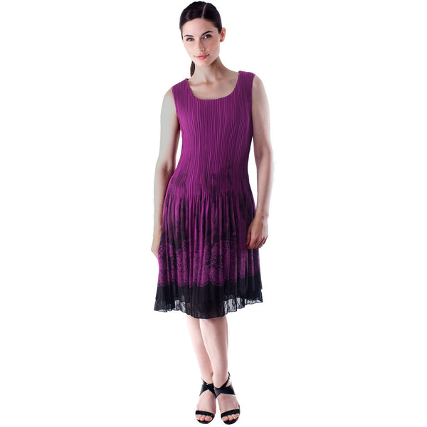 Sleeveless Lace Border Print Crinkle Dress - Purple