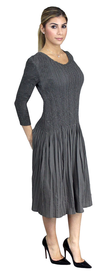 3/4 Sleeve Crinkle Bodice Dress - DR514LS Grey