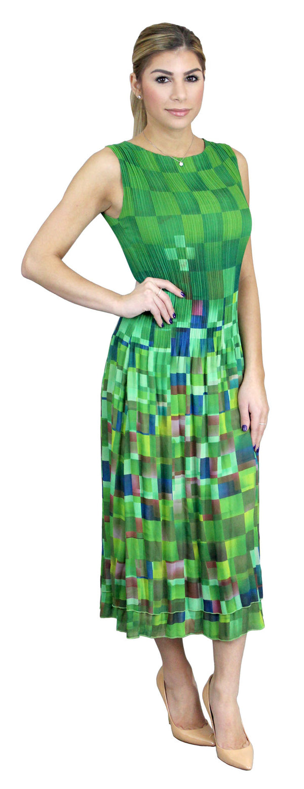 Checker Print Maxi Crinkle Dress - Green