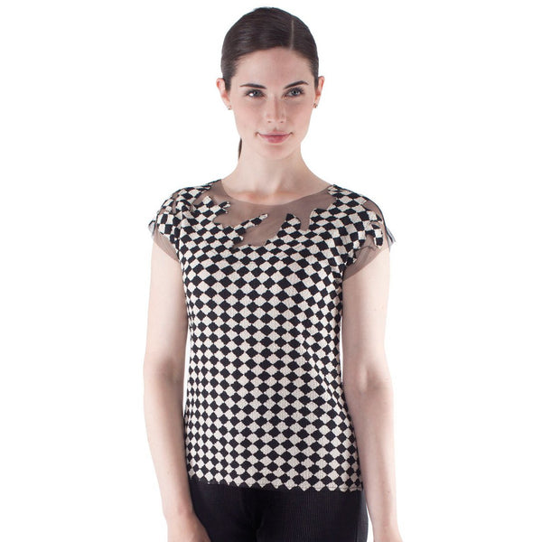 Cap Sleeve Tulle Illusion Crinkle Top - T408