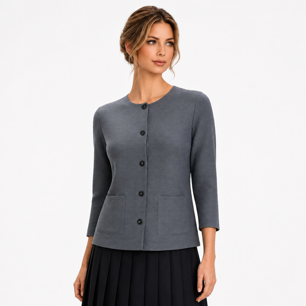 Solid Pleated Button Jacket, Navy & Grey – ShopVeeca